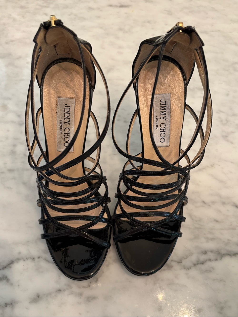 Jimmy Choo black patent strappy  4.5” heels size 8.5